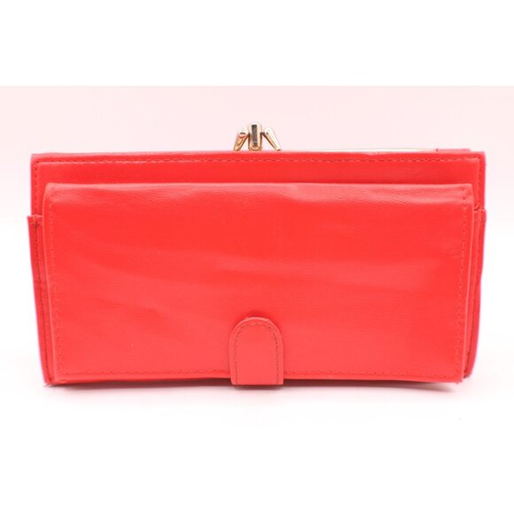 Red Clutch Wallet Kiss Lock Coin Purse Folding Floral Lining Faux Leather Vtg - Picture 2 of 9